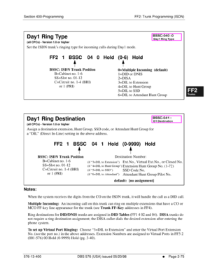 Page 323Section 400-Programming FF2: Trunk Programming (ISDN)
576-13-400 DBS 576 (USA) issued 05/20/98
     l     Page 2-75
FF1System
FF2Tr u n k s
FF3Extensions
FF4FF-/Soft Keys
FF5Groups
FF6TRS/ARS
0   System
Configuration
FF7Appl ications
FF8Maintenance Introduction
Appe ndix  A
Appe ndix  B
FF1System
FF2Tr u n k s
FF3Extensions
FF4FF-/Soft Keys
FF5Groups
FF6TRS/ARS
0   System
Configuration
FF7Appli cations
FF8Maintenance Introduction
Appe ndix A
Appe ndix B
               
      
Notes:
When the system...