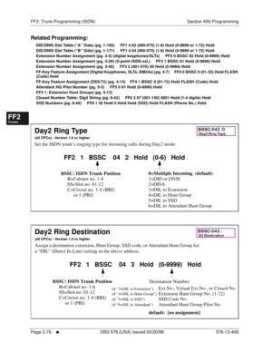 Page 324FF2: Trunk Programming (ISDN) Section 400-Programming
Page 2-76
     l     DBS 576 (USA) issued 05/20/98 576-13-400
FF1System
FF2Tr u n k s
FF3Extensions
FF4FF-/Soft Keys
FF5Groups
FF6TRS/ARS
0   System
Configuration
FF7Appl ications
FF8Maintenance Introduction
Appe ndix  A
Appe ndix  B
FF1System
FF2Tr u n k s
FF3Extensions
FF4FF-/Soft Keys
FF5Groups
FF6TRS/ARS
0   System
Configuration
FF7Appli cations
FF8Maintenance Introduction
Appe ndix A
Appe ndix B
Related Programming:
DID/DNIS Dial Table (“A” Side)...