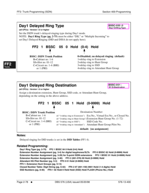 Page 326FF2: Trunk Programming (ISDN) Section 400-Programming
Page 2-78
     l     DBS 576 (USA) issued 05/20/98 576-13-400
FF1System
FF2Tr u n k s
FF3Extensions
FF4FF-/Soft Keys
FF5Groups
FF6TRS/ARS
0   System
Configuration
FF7Appl ications
FF8Maintenance Introduction
Appe ndix  A
Appe ndix  B
FF1System
FF2Tr u n k s
FF3Extensions
FF4FF-/Soft Keys
FF5Groups
FF6TRS/ARS
0   System
Configuration
FF7Appli cations
FF8Maintenance Introduction
Appe ndix A
Appe ndix B
               
      
Notes:
Delayed ringing for...