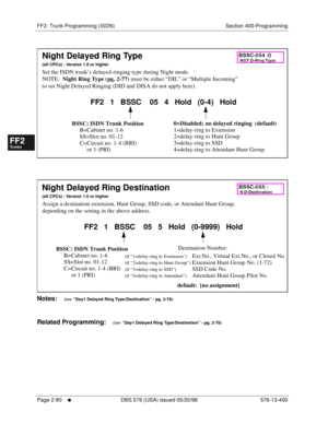 Page 328FF2: Trunk Programming (ISDN) Section 400-Programming
Page 2-80
     l     DBS 576 (USA) issued 05/20/98 576-13-400
FF1System
FF2Tr u n k s
FF3Extensions
FF4FF-/Soft Keys
FF5Groups
FF6TRS/ARS
0   System
Configuration
FF7Appl ications
FF8Maintenance Introduction
Appe ndix  A
Appe ndix  B
FF1System
FF2Tr u n k s
FF3Extensions
FF4FF-/Soft Keys
FF5Groups
FF6TRS/ARS
0   System
Configuration
FF7Appli cations
FF8Maintenance Introduction
Appe ndix A
Appe ndix B
      
             
Notes:    (see “Day1 Delayed...