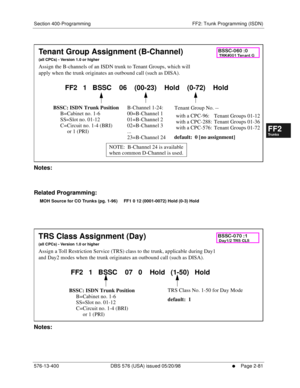 Page 329Section 400-Programming FF2: Trunk Programming (ISDN)
576-13-400 DBS 576 (USA) issued 05/20/98
     l     Page 2-81
FF1System
FF2Tr u n k s
FF3Extensions
FF4FF-/Soft Keys
FF5Groups
FF6TRS/ARS
0   System
Configuration
FF7Appl ications
FF8Maintenance Introduction
Appe ndix  A
Appe ndix  B
FF1System
FF2Tr u n k s
FF3Extensions
FF4FF-/Soft Keys
FF5Groups
FF6TRS/ARS
0   System
Configuration
FF7Appli cations
FF8Maintenance Introduction
Appe ndix A
Appe ndix B
          
Notes:
Related Programming:
MOH Source...