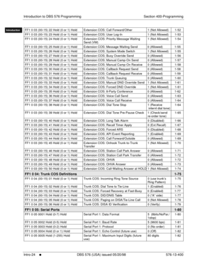 Page 34Introduction to DBS 576 Programming Section 400-Programming
Intro-24
     l     DBS 576 (USA) issued 05/20/98 576-13-400
FF1System
FF2Tr u n k s
FF3Extensions
FF4FF-/Soft Keys
FF5Groups
FF6TRS/ARS
0   System
Configuration
FF7Appl ications
FF8Maintenance Introduction
Appe ndix  A
Appe ndix  B
FF1System
FF2Tr u n k s
FF3Extensions
FF4FF-/Soft Keys
FF5Groups
FF6TRS/ARS
0   System
Configuration
FF7Appli cations
FF8Maintenance
Introduction
Appe ndix A
Appe ndix BFF1 0 03 (00-15) 22 Hold (0 or 1) Hold...