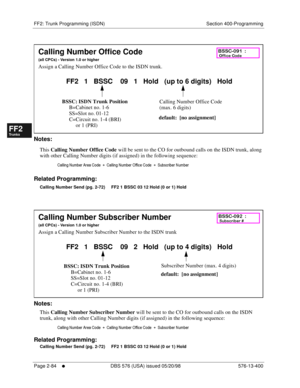 Page 332FF2: Trunk Programming (ISDN) Section 400-Programming
Page 2-84
     l     DBS 576 (USA) issued 05/20/98 576-13-400
FF1System
FF2Tr u n k s
FF3Extensions
FF4FF-/Soft Keys
FF5Groups
FF6TRS/ARS
0   System
Configuration
FF7Appl ications
FF8Maintenance Introduction
Appe ndix  A
Appe ndix  B
FF1System
FF2Tr u n k s
FF3Extensions
FF4FF-/Soft Keys
FF5Groups
FF6TRS/ARS
0   System
Configuration
FF7Appli cations
FF8Maintenance Introduction
Appe ndix A
Appe ndix B
        
Notes:
This 
Calling Number Office Code...