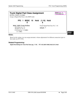 Page 333Section 400-Programming FF2: Trunk Programming (ISDN)
576-13-400 DBS 576 (USA) issued 05/20/98
     l     Page 2-85
FF1System
FF2Tr u n k s
FF3Extensions
FF4FF-/Soft Keys
FF5Groups
FF6TRS/ARS
0   System
Configuration
FF7Appl ications
FF8Maintenance Introduction
Appe ndix  A
Appe ndix  B
FF1System
FF2Tr u n k s
FF3Extensions
FF4FF-/Soft Keys
FF5Groups
FF6TRS/ARS
0   System
Configuration
FF7Appli cations
FF8Maintenance Introduction
Appe ndix A
Appe ndix B
        
Notes:
Based on this setting, you can...