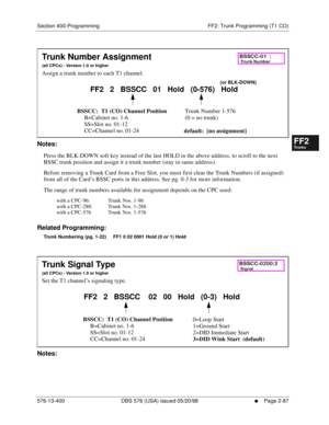 Page 335Section 400-Programming FF2: Trunk Programming (T1 CO)
576-13-400 DBS 576 (USA) issued 05/20/98
     l     Page 2-87
FF1System
FF2Tr u n k s
FF3Extensions
FF4FF-/Soft Keys
FF5Groups
FF6TRS/ARS
0   System
Configuration
FF7Appl ications
FF8Maintenance Introduction
Appe ndix  A
Appe ndix  B
FF1System
FF2Tr u n k s
FF3Extensions
FF4FF-/Soft Keys
FF5Groups
FF6TRS/ARS
0   System
Configuration
FF7Appli cations
FF8Maintenance Introduction
Appe ndix A
Appe ndix B
        
Notes:
Press the BLK-DOWN soft key...