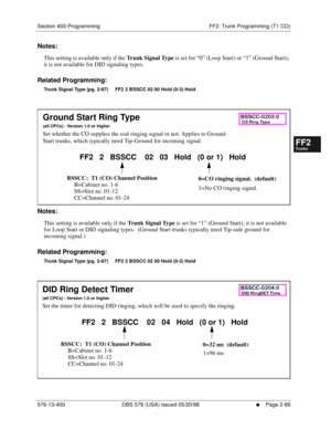 Page 337Section 400-Programming FF2: Trunk Programming (T1 CO)
576-13-400 DBS 576 (USA) issued 05/20/98
     l     Page 2-89
FF1System
FF2Tr u n k s
FF3Extensions
FF4FF-/Soft Keys
FF5Groups
FF6TRS/ARS
0   System
Configuration
FF7Appl ications
FF8Maintenance Introduction
Appe ndix  A
Appe ndix  B
FF1System
FF2Tr u n k s
FF3Extensions
FF4FF-/Soft Keys
FF5Groups
FF6TRS/ARS
0   System
Configuration
FF7Appli cations
FF8Maintenance Introduction
Appe ndix A
Appe ndix B
Notes:
This setting is available only if the Tr u...