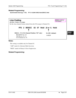 Page 339Section 400-Programming FF2: Trunk Programming (T1 CO)
576-13-400 DBS 576 (USA) issued 05/20/98
     l     Page 2-91
FF1System
FF2Tr u n k s
FF3Extensions
FF4FF-/Soft Keys
FF5Groups
FF6TRS/ARS
0   System
Configuration
FF7Appl ications
FF8Maintenance Introduction
Appe ndix  A
Appe ndix  B
FF1System
FF2Tr u n k s
FF3Extensions
FF4FF-/Soft Keys
FF5Groups
FF6TRS/ARS
0   System
Configuration
FF7Appli cations
FF8Maintenance Introduction
Appe ndix A
Appe ndix B
Related Programming:
Synchronized Clock (pg....