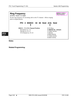 Page 340FF2: Trunk Programming (T1 CO) Section 400-Programming
Page 2-92
     l     DBS 576 (USA) issued 05/20/98 576-13-400
FF1System
FF2Tr u n k s
FF3Extensions
FF4FF-/Soft Keys
FF5Groups
FF6TRS/ARS
0   System
Configuration
FF7Appl ications
FF8Maintenance Introduction
Appe ndix  A
Appe ndix  B
FF1System
FF2Tr u n k s
FF3Extensions
FF4FF-/Soft Keys
FF5Groups
FF6TRS/ARS
0   System
Configuration
FF7Appli cations
FF8Maintenance Introduction
Appe ndix A
Appe ndix B
         
Notes:
Related Programming:
Ring...