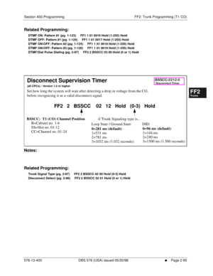 Page 343Section 400-Programming FF2: Trunk Programming (T1 CO)
576-13-400 DBS 576 (USA) issued 05/20/98
     l     Page 2-95
FF1System
FF2Tr u n k s
FF3Extensions
FF4FF-/Soft Keys
FF5Groups
FF6TRS/ARS
0   System
Configuration
FF7Appl ications
FF8Maintenance Introduction
Appe ndix  A
Appe ndix  B
FF1System
FF2Tr u n k s
FF3Extensions
FF4FF-/Soft Keys
FF5Groups
FF6TRS/ARS
0   System
Configuration
FF7Appli cations
FF8Maintenance Introduction
Appe ndix A
Appe ndix B
Related Programming:
DTMF ON: Pattern #1 (pg....