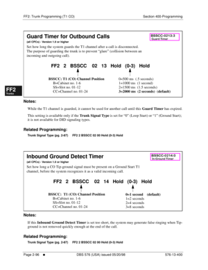 Page 344FF2: Trunk Programming (T1 CO) Section 400-Programming
Page 2-96
     l     DBS 576 (USA) issued 05/20/98 576-13-400
FF1System
FF2Tr u n k s
FF3Extensions
FF4FF-/Soft Keys
FF5Groups
FF6TRS/ARS
0   System
Configuration
FF7Appl ications
FF8Maintenance Introduction
Appe ndix  A
Appe ndix  B
FF1System
FF2Tr u n k s
FF3Extensions
FF4FF-/Soft Keys
FF5Groups
FF6TRS/ARS
0   System
Configuration
FF7Appli cations
FF8Maintenance Introduction
Appe ndix A
Appe ndix B
          
Notes:
While the T1 channel is guarded,...