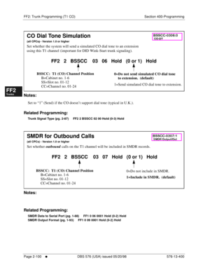 Page 348FF2: Trunk Programming (T1 CO) Section 400-Programming
Page 2-100
     l     DBS 576 (USA) issued 05/20/98 576-13-400
FF1System
FF2Tr u n k s
FF3Extensions
FF4FF-/Soft Keys
FF5Groups
FF6TRS/ARS
0   System
Configuration
FF7Appl ications
FF8Maintenance Introduction
Appe ndix  A
Appe ndix  B
FF1System
FF2Tr u n k s
FF3Extensions
FF4FF-/Soft Keys
FF5Groups
FF6TRS/ARS
0   System
Configuration
FF7Appli cations
FF8Maintenance Introduction
Appe ndix A
Appe ndix B
        
Notes:
Set to “1” (Send) if the CO...