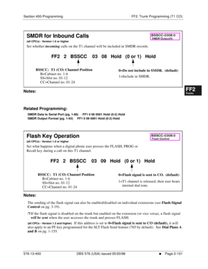 Page 349Section 400-Programming FF2: Trunk Programming (T1 CO)
576-13-400 DBS 576 (USA) issued 05/20/98
     l     Page 2-101
FF1System
FF2Tr u n k s
FF3Extensions
FF4FF-/Soft Keys
FF5Groups
FF6TRS/ARS
0   System
Configuration
FF7Appl ications
FF8Maintenance Introduction
Appe ndix  A
Appe ndix  B
FF1System
FF2Tr u n k s
FF3Extensions
FF4FF-/Soft Keys
FF5Groups
FF6TRS/ARS
0   System
Configuration
FF7Appli cations
FF8Maintenance Introduction
Appe ndix A
Appe ndix B
        
Notes:
Related Programming:
SMDR Data to...