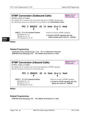 Page 352FF2: Trunk Programming (T1 CO) Section 400-Programming
Page 2-104
     l     DBS 576 (USA) issued 05/20/98 576-13-400
FF1System
FF2Tr u n k s
FF3Extensions
FF4FF-/Soft Keys
FF5Groups
FF6TRS/ARS
0   System
Configuration
FF7Appl ications
FF8Maintenance Introduction
Appe ndix  A
Appe ndix  B
FF1System
FF2Tr u n k s
FF3Extensions
FF4FF-/Soft Keys
FF5Groups
FF6TRS/ARS
0   System
Configuration
FF7Appli cations
FF8Maintenance Introduction
Appe ndix A
Appe ndix B
        
Notes:
Related Programming:
Call...