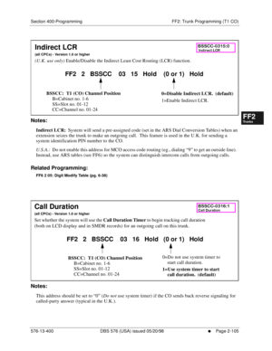 Page 353Section 400-Programming FF2: Trunk Programming (T1 CO)
576-13-400 DBS 576 (USA) issued 05/20/98
     l     Page 2-105
FF1System
FF2Tr u n k s
FF3Extensions
FF4FF-/Soft Keys
FF5Groups
FF6TRS/ARS
0   System
Configuration
FF7Appl ications
FF8Maintenance Introduction
Appe ndix  A
Appe ndix  B
FF1System
FF2Tr u n k s
FF3Extensions
FF4FF-/Soft Keys
FF5Groups
FF6TRS/ARS
0   System
Configuration
FF7Appli cations
FF8Maintenance Introduction
Appe ndix A
Appe ndix B
        
Notes:
Indirect LCR:  System will send a...