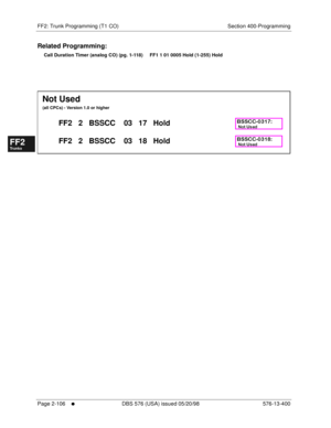 Page 354FF2: Trunk Programming (T1 CO) Section 400-Programming
Page 2-106
     l     DBS 576 (USA) issued 05/20/98 576-13-400
FF1System
FF2Tr u n k s
FF3Extensions
FF4FF-/Soft Keys
FF5Groups
FF6TRS/ARS
0   System
Configuration
FF7Appl ications
FF8Maintenance Introduction
Appe ndix  A
Appe ndix  B
FF1System
FF2Tr u n k s
FF3Extensions
FF4FF-/Soft Keys
FF5Groups
FF6TRS/ARS
0   System
Configuration
FF7Appli cations
FF8Maintenance Introduction
Appe ndix A
Appe ndix B
Related Programming:
Call Duration Timer (analog...