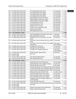 Page 37Section 400-Programming Introduction to DBS 576 Programming
576-13-400 DBS 576 (USA) issued 05/20/98
     l     Intro-27
FF1System
FF2Tr u n k s
FF3Extensions
FF4FF-/Soft Keys
FF5Groups
FF6TRS/ARS
0   System
Configuration
FF7Appl ications
FF8Maintenance
Introduction
Appe ndix  A
Appe ndix  B
FF1System
FF2Tr u n k s
FF3Extensions
FF4FF-/Soft Keys
FF5Groups
FF6TRS/ARS
0   System
Configuration
FF7Appli cations
FF8Maintenance Introduction
Appe ndix A
Appe ndix B
FF1 1 02 0003 Hold (0-255) Hold CO Delayed...