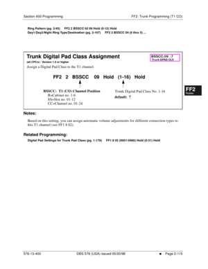 Page 363Section 400-Programming FF2: Trunk Programming (T1 CO)
576-13-400 DBS 576 (USA) issued 05/20/98
     l     Page 2-115
FF1System
FF2Tr u n k s
FF3Extensions
FF4FF-/Soft Keys
FF5Groups
FF6TRS/ARS
0   System
Configuration
FF7Appl ications
FF8Maintenance Introduction
Appe ndix  A
Appe ndix  B
FF1System
FF2Tr u n k s
FF3Extensions
FF4FF-/Soft Keys
FF5Groups
FF6TRS/ARS
0   System
Configuration
FF7Appli cations
FF8Maintenance Introduction
Appe ndix A
Appe ndix B
Ring Pattern (pg. 2-93)     FF2 2 BSSCC 02 09...