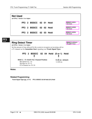 Page 366FF2: Trunk Programming (T1 E&M Tie) Section 400-Programming
Page 2-118
     l     DBS 576 (USA) issued 05/20/98 576-13-400
FF1System
FF2Tr u n k s
FF3Extensions
FF4FF-/Soft Keys
FF5Groups
FF6TRS/ARS
0   System
Configuration
FF7Appl ications
FF8Maintenance Introduction
Appe ndix  A
Appe ndix  B
FF1System
FF2Tr u n k s
FF3Extensions
FF4FF-/Soft Keys
FF5Groups
FF6TRS/ARS
0   System
Configuration
FF7Appli cations
FF8Maintenance Introduction
Appe ndix A
Appe ndix B
      
         
Notes:
Related...