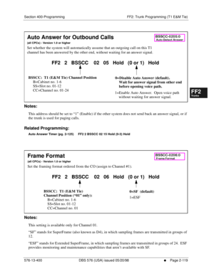 Page 367Section 400-Programming FF2: Trunk Programming (T1 E&M Tie)
576-13-400 DBS 576 (USA) issued 05/20/98
     l     Page 2-119
FF1System
FF2Tr u n k s
FF3Extensions
FF4FF-/Soft Keys
FF5Groups
FF6TRS/ARS
0   System
Configuration
FF7Appl ications
FF8Maintenance Introduction
Appe ndix  A
Appe ndix  B
FF1System
FF2Tr u n k s
FF3Extensions
FF4FF-/Soft Keys
FF5Groups
FF6TRS/ARS
0   System
Configuration
FF7Appli cations
FF8Maintenance Introduction
Appe ndix A
Appe ndix B
        
Notes:
This address should be set...