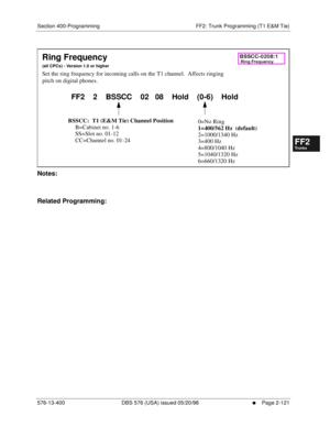 Page 369Section 400-Programming FF2: Trunk Programming (T1 E&M Tie)
576-13-400 DBS 576 (USA) issued 05/20/98
     l     Page 2-121
FF1System
FF2Tr u n k s
FF3Extensions
FF4FF-/Soft Keys
FF5Groups
FF6TRS/ARS
0   System
Configuration
FF7Appl ications
FF8Maintenance Introduction
Appe ndix  A
Appe ndix  B
FF1System
FF2Tr u n k s
FF3Extensions
FF4FF-/Soft Keys
FF5Groups
FF6TRS/ARS
0   System
Configuration
FF7Appli cations
FF8Maintenance Introduction
Appe ndix A
Appe ndix B
          
Notes:
Related Programming:
Ring...