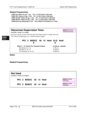 Page 372FF2: Trunk Programming (T1 E&M Tie) Section 400-Programming
Page 2-124
     l     DBS 576 (USA) issued 05/20/98 576-13-400
FF1System
FF2Tr u n k s
FF3Extensions
FF4FF-/Soft Keys
FF5Groups
FF6TRS/ARS
0   System
Configuration
FF7Appl ications
FF8Maintenance Introduction
Appe ndix  A
Appe ndix  B
FF1System
FF2Tr u n k s
FF3Extensions
FF4FF-/Soft Keys
FF5Groups
FF6TRS/ARS
0   System
Configuration
FF7Appli cations
FF8Maintenance Introduction
Appe ndix A
Appe ndix B
Related Programming:
DTMF ON: Pattern #1...