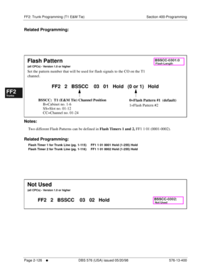 Page 374FF2: Trunk Programming (T1 E&M Tie) Section 400-Programming
Page 2-126
     l     DBS 576 (USA) issued 05/20/98 576-13-400
FF1System
FF2Tr u n k s
FF3Extensions
FF4FF-/Soft Keys
FF5Groups
FF6TRS/ARS
0   System
Configuration
FF7Appl ications
FF8Maintenance Introduction
Appe ndix  A
Appe ndix  B
FF1System
FF2Tr u n k s
FF3Extensions
FF4FF-/Soft Keys
FF5Groups
FF6TRS/ARS
0   System
Configuration
FF7Appli cations
FF8Maintenance Introduction
Appe ndix A
Appe ndix B
Related Programming:
          
Notes:
Two...