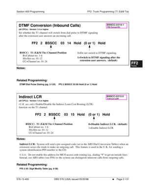 Page 379Section 400-Programming FF2: Trunk Programming (T1 E&M Tie)
576-13-400 DBS 576 (USA) issued 05/20/98
     l     Page 2-131
FF1System
FF2Tr u n k s
FF3Extensions
FF4FF-/Soft Keys
FF5Groups
FF6TRS/ARS
0   System
Configuration
FF7Appl ications
FF8Maintenance Introduction
Appe ndix  A
Appe ndix  B
FF1System
FF2Tr u n k s
FF3Extensions
FF4FF-/Soft Keys
FF5Groups
FF6TRS/ARS
0   System
Configuration
FF7Appli cations
FF8Maintenance Introduction
Appe ndix A
Appe ndix B
          
Notes:
Related Programming:...