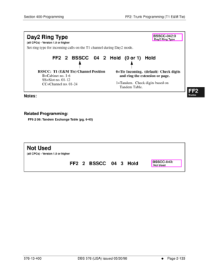 Page 381Section 400-Programming FF2: Trunk Programming (T1 E&M Tie)
576-13-400 DBS 576 (USA) issued 05/20/98
     l     Page 2-133
FF1System
FF2Tr u n k s
FF3Extensions
FF4FF-/Soft Keys
FF5Groups
FF6TRS/ARS
0   System
Configuration
FF7Appl ications
FF8Maintenance Introduction
Appe ndix  A
Appe ndix  B
FF1System
FF2Tr u n k s
FF3Extensions
FF4FF-/Soft Keys
FF5Groups
FF6TRS/ARS
0   System
Configuration
FF7Appli cations
FF8Maintenance Introduction
Appe ndix A
Appe ndix B
      
Notes:
Related Programming:
FF6 2 08:...