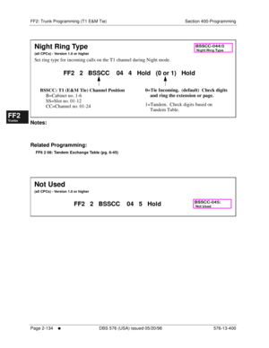 Page 382FF2: Trunk Programming (T1 E&M Tie) Section 400-Programming
Page 2-134
     l     DBS 576 (USA) issued 05/20/98 576-13-400
FF1System
FF2Tr u n k s
FF3Extensions
FF4FF-/Soft Keys
FF5Groups
FF6TRS/ARS
0   System
Configuration
FF7Appl ications
FF8Maintenance Introduction
Appe ndix  A
Appe ndix  B
FF1System
FF2Tr u n k s
FF3Extensions
FF4FF-/Soft Keys
FF5Groups
FF6TRS/ARS
0   System
Configuration
FF7Appli cations
FF8Maintenance Introduction
Appe ndix A
Appe ndix B
          
Notes:
Related Programming:
FF6 2...