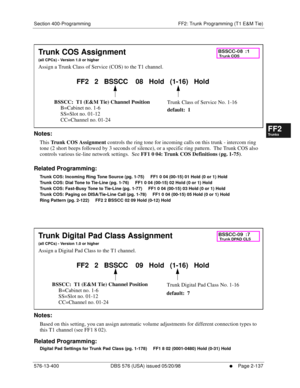 Page 385Section 400-Programming FF2: Trunk Programming (T1 E&M Tie)
576-13-400 DBS 576 (USA) issued 05/20/98
     l     Page 2-137
FF1System
FF2Tr u n k s
FF3Extensions
FF4FF-/Soft Keys
FF5Groups
FF6TRS/ARS
0   System
Configuration
FF7Appl ications
FF8Maintenance Introduction
Appe ndix  A
Appe ndix  B
FF1System
FF2Tr u n k s
FF3Extensions
FF4FF-/Soft Keys
FF5Groups
FF6TRS/ARS
0   System
Configuration
FF7Appli cations
FF8Maintenance Introduction
Appe ndix A
Appe ndix B
        
Notes:
This 
Trunk COS 
Assignment...