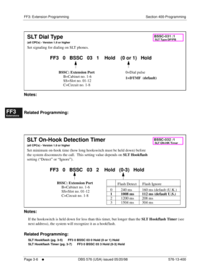 Page 392FF3: Extension Programming Section 400-Programming
Page 3-6
     l     DBS 576 (USA) issued 05/20/98 576-13-400
FF1System
FF2Tr u n k s
FF3Extensions
FF4FF-/Soft Keys
FF5Groups
FF6TRS/ARS
0   System
Configuration
FF7Appl ications
FF8Maintenance Introduction
Appe ndix  A
Appe ndix  B
FF1System
FF2Tr u n k s
FF3Extensions
FF4FF-/Soft Keys
FF5Groups
FF6TRS/ARS
0   System
Configuration
FF7Appli cations
FF8Maintenance Introduction
Appe ndix A
Appe ndix B
        
Notes:
Related Programming:
        
Notes:
If...