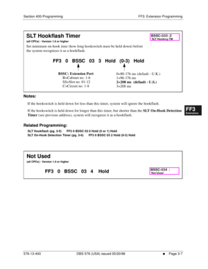 Page 393Section 400-Programming FF3: Extension Programming
576-13-400 DBS 576 (USA) issued 05/20/98
     l     Page 3-7
FF1System
FF2Tr u n k s
FF3Extensions
FF4FF-/Soft Keys
FF5Groups
FF6TRS/ARS
0   System
Configuration
FF7Appl ications
FF8Maintenance Introduction
Appe ndix  A
Appe ndix  B
FF1System
FF2Tr u n k s
FF3Extensions
FF4FF-/Soft Keys
FF5Groups
FF6TRS/ARS
0   System
Configuration
FF7Appli cations
FF8Maintenance Introduction
Appe ndix A
Appe ndix B
        
Notes:
If the hookswitch is held down for less...