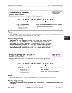 Page 395Section 400-Programming FF3: Extension Programming
576-13-400 DBS 576 (USA) issued 05/20/98
     l     Page 3-9
FF1System
FF2Tr u n k s
FF3Extensions
FF4FF-/Soft Keys
FF5Groups
FF6TRS/ARS
0   System
Configuration
FF7Appl ications
FF8Maintenance Introduction
Appe ndix  A
Appe ndix  B
FF1System
FF2Tr u n k s
FF3Extensions
FF4FF-/Soft Keys
FF5Groups
FF6TRS/ARS
0   System
Configuration
FF7Appli cations
FF8Maintenance Introduction
Appe ndix A
Appe ndix B
        
Notes:
Slide Ringing:   An unanswered trunk...