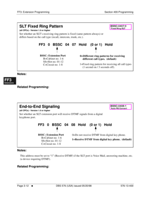 Page 398FF3: Extension Programming Section 400-Programming
Page 3-12
     l     DBS 576 (USA) issued 05/20/98 576-13-400
FF1System
FF2Tr u n k s
FF3Extensions
FF4FF-/Soft Keys
FF5Groups
FF6TRS/ARS
0   System
Configuration
FF7Appl ications
FF8Maintenance Introduction
Appe ndix  A
Appe ndix  B
FF1System
FF2Tr u n k s
FF3Extensions
FF4FF-/Soft Keys
FF5Groups
FF6TRS/ARS
0   System
Configuration
FF7Appli cations
FF8Maintenance Introduction
Appe ndix A
Appe ndix B
        
Notes:
Related Programming:
       
Notes:...