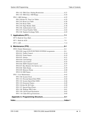 Page 5Section 400-Programming Table of Contents
576-13-400 DBS 576 (USA) issued 05/20/98
     l     iii
FF6 1 02: TRS Class: Dialing Restrictions ................................................. 6-21
FF6 1 03: TRS Class: SSD Range ............................................................... 6-24
FF6 2: ARS Settings........................................................................................... 6-25
FF6 2 00 thru 02: Time List Tables ................................................................