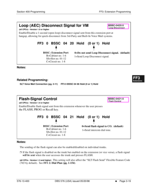 Page 405Section 400-Programming FF3: Extension Programming
576-13-400 DBS 576 (USA) issued 05/20/98
     l     Page 3-19
FF1System
FF2Tr u n k s
FF3Extensions
FF4FF-/Soft Keys
FF5Groups
FF6TRS/ARS
0   System
Configuration
FF7Appl ications
FF8Maintenance Introduction
Appe ndix  A
Appe ndix  B
FF1System
FF2Tr u n k s
FF3Extensions
FF4FF-/Soft Keys
FF5Groups
FF6TRS/ARS
0   System
Configuration
FF7Appli cations
FF8Maintenance Introduction
Appe ndix A
Appe ndix B
        
Notes:
Related Programming:
SLT Voice Mail...