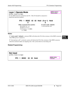 Page 417Section 400-Programming FF3: Extension Programming
576-13-400 DBS 576 (USA) issued 05/20/98
     l     Page 3-31
FF1System
FF2Tr u n k s
FF3Extensions
FF4FF-/Soft Keys
FF5Groups
FF6TRS/ARS
0   System
Configuration
FF7Appl ications
FF8Maintenance Introduction
Appe ndix  A
Appe ndix  B
FF1System
FF2Tr u n k s
FF3Extensions
FF4FF-/Soft Keys
FF5Groups
FF6TRS/ARS
0   System
Configuration
FF7Appli cations
FF8Maintenance Introduction
Appe ndix A
Appe ndix B
        
Notes:
If 
“Active mode” (default) is...