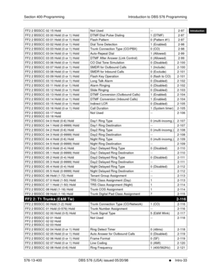 Page 43Section 400-Programming Introduction to DBS 576 Programming
576-13-400 DBS 576 (USA) issued 05/20/98
     l     Intro-33
FF1System
FF2Tr u n k s
FF3Extensions
FF4FF-/Soft Keys
FF5Groups
FF6TRS/ARS
0   System
Configuration
FF7Appl ications
FF8Maintenance
Introduction
Appe ndix  A
Appe ndix  B
FF1System
FF2Tr u n k s
FF3Extensions
FF4FF-/Soft Keys
FF5Groups
FF6TRS/ARS
0   System
Configuration
FF7Appli cations
FF8Maintenance Introduction
Appe ndix A
Appe ndix B
FF2 2 BSSCC 02 15 Hold Not Used --  2-97
FF2 2...