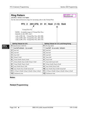 Page 428FF3: Extension Programming Section 400-Programming
Page 3-42
     l     DBS 576 (USA) issued 05/20/98 576-13-400
FF1System
FF2Tr u n k s
FF3Extensions
FF4FF-/Soft Keys
FF5Groups
FF6TRS/ARS
0   System
Configuration
FF7Appl ications
FF8Maintenance Introduction
Appe ndix  A
Appe ndix  B
FF1System
FF2Tr u n k s
FF3Extensions
FF4FF-/Soft Keys
FF5Groups
FF6TRS/ARS
0   System
Configuration
FF7Appli cations
FF8Maintenance Introduction
Appe ndix A
Appe ndix B
          
Notes:
Related Programming:
Ring Pattern...