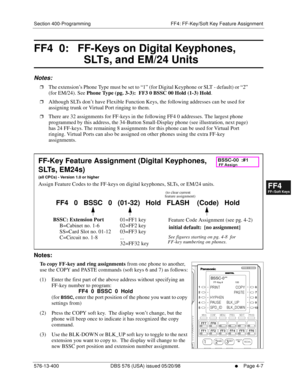 Page 439Section 400-Programming FF4: FF-Key/Soft Key Feature Assignment
576-13-400 DBS 576 (USA) issued 05/20/98
     l     Page 4-7
FF1System
FF2Tr u n k s
FF3Extensions
FF4FF-/Soft Keys
FF5Groups
FF6TRS/ARS
0   System
Configuration
FF7Appl ications
FF8Maintenance Introduction
Appe ndix  A
Appe ndix  B
FF1System
FF2Tr u n k s
FF3Extensions
FF4FF-/Soft Keys
FF5Groups
FF6TRS/ARS
0   System
Configuration
FF7Appli cations
FF8Maintenance Introduction
Appe ndix A
Appe ndix B
FF4  0:   FF-Keys on Digital Keyphones,...