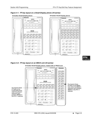 Page 441Section 400-Programming FF4: FF-Key/Soft Key Feature Assignment
576-13-400 DBS 576 (USA) issued 05/20/98
     l     Page 4-9
FF1System
FF2Tr u n k s
FF3Extensions
FF4FF-/Soft Keys
FF5Groups
FF6TRS/ARS
0   System
Configuration
FF7Appl ications
FF8Maintenance Introduction
Appe ndix  A
Appe ndix  B
FF1System
FF2Tr u n k s
FF3Extensions
FF4FF-/Soft Keys
FF5Groups
FF6TRS/ARS
0   System
Configuration
FF7Appli cations
FF8Maintenance Introduction
Appe ndix A
Appe ndix B
Figure 4-1:  FF-key layout on a...