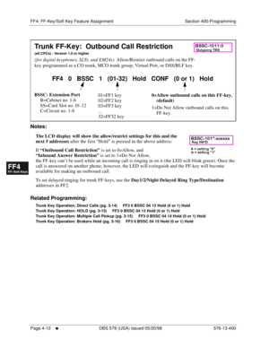 Page 442FF4: FF-Key/Soft Key Feature Assignment Section 400-Programming
Page 4-10
     l     DBS 576 (USA) issued 05/20/98 576-13-400
FF1System
FF2Tr u n k s
FF3Extensions
FF4FF-/Soft Keys
FF5Groups
FF6TRS/ARS
0   System
Configuration
FF7Appl ications
FF8Maintenance Introduction
Appe ndix  A
Appe ndix  B
FF1System
FF2Tr u n k s
FF3Extensions
FF4FF-/Soft Keys
FF5Groups
FF6TRS/ARS
0   System
Configuration
FF7Appli cations
FF8Maintenance Introduction
Appe ndix A
Appe ndix B
          
Notes:
The LCD display will...