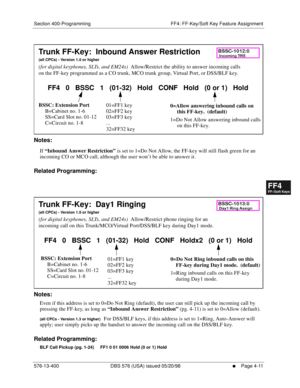 Page 443Section 400-Programming FF4: FF-Key/Soft Key Feature Assignment
576-13-400 DBS 576 (USA) issued 05/20/98
     l     Page 4-11
FF1System
FF2Tr u n k s
FF3Extensions
FF4FF-/Soft Keys
FF5Groups
FF6TRS/ARS
0   System
Configuration
FF7Appl ications
FF8Maintenance Introduction
Appe ndix  A
Appe ndix  B
FF1System
FF2Tr u n k s
FF3Extensions
FF4FF-/Soft Keys
FF5Groups
FF6TRS/ARS
0   System
Configuration
FF7Appli cations
FF8Maintenance Introduction
Appe ndix A
Appe ndix B
      
Notes:
If 
“Inbound Answer...