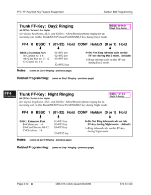 Page 444FF4: FF-Key/Soft Key Feature Assignment Section 400-Programming
Page 4-12
     l     DBS 576 (USA) issued 05/20/98 576-13-400
FF1System
FF2Tr u n k s
FF3Extensions
FF4FF-/Soft Keys
FF5Groups
FF6TRS/ARS
0   System
Configuration
FF7Appl ications
FF8Maintenance Introduction
Appe ndix  A
Appe ndix  B
FF1System
FF2Tr u n k s
FF3Extensions
FF4FF-/Soft Keys
FF5Groups
FF6TRS/ARS
0   System
Configuration
FF7Appli cations
FF8Maintenance Introduction
Appe ndix A
Appe ndix B
      
Notes:    (same as Day1 Ringing -...