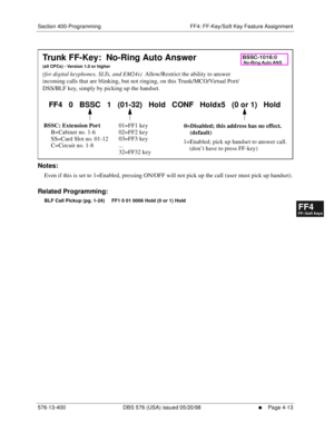 Page 445Section 400-Programming FF4: FF-Key/Soft Key Feature Assignment
576-13-400 DBS 576 (USA) issued 05/20/98
     l     Page 4-13
FF1System
FF2Tr u n k s
FF3Extensions
FF4FF-/Soft Keys
FF5Groups
FF6TRS/ARS
0   System
Configuration
FF7Appl ications
FF8Maintenance Introduction
Appe ndix  A
Appe ndix  B
FF1System
FF2Tr u n k s
FF3Extensions
FF4FF-/Soft Keys
FF5Groups
FF6TRS/ARS
0   System
Configuration
FF7Appli cations
FF8Maintenance Introduction
Appe ndix A
Appe ndix B
        
Notes:
Even if this is set to...