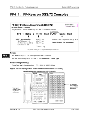 Page 446FF4: FF-Key/Soft Key Feature Assignment Section 400-Programming
Page 4-14
     l     DBS 576 (USA) issued 05/20/98 576-13-400
FF1System
FF2Tr u n k s
FF3Extensions
FF4FF-/Soft Keys
FF5Groups
FF6TRS/ARS
0   System
Configuration
FF7Appl ications
FF8Maintenance Introduction
Appe ndix  A
Appe ndix  B
FF1System
FF2Tr u n k s
FF3Extensions
FF4FF-/Soft Keys
FF5Groups
FF6TRS/ARS
0   System
Configuration
FF7Appli cations
FF8Maintenance Introduction
Appe ndix A
Appe ndix B
FF4  1:   FF-Keys on DSS/72 Consoles...