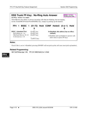 Page 450FF4: FF-Key/Soft Key Feature Assignment Section 400-Programming
Page 4-18
     l     DBS 576 (USA) issued 05/20/98 576-13-400
FF1System
FF2Tr u n k s
FF3Extensions
FF4FF-/Soft Keys
FF5Groups
FF6TRS/ARS
0   System
Configuration
FF7Appl ications
FF8Maintenance Introduction
Appe ndix  A
Appe ndix  B
FF1System
FF2Tr u n k s
FF3Extensions
FF4FF-/Soft Keys
FF5Groups
FF6TRS/ARS
0   System
Configuration
FF7Appli cations
FF8Maintenance Introduction
Appe ndix A
Appe ndix B
           
Notes:
Even if this is set to...