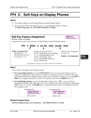 Page 451Section 400-Programming FF4: FF-Key/Soft Key Feature Assignment
576-13-400 DBS 576 (USA) issued 05/20/98
     l     Page 4-19
FF1System
FF2Tr u n k s
FF3Extensions
FF4FF-/Soft Keys
FF5Groups
FF6TRS/ARS
0   System
Configuration
FF7Appl ications
FF8Maintenance Introduction
Appe ndix  A
Appe ndix  B
FF1System
FF2Tr u n k s
FF3Extensions
FF4FF-/Soft Keys
FF5Groups
FF6TRS/ARS
0   System
Configuration
FF7Appli cations
FF8Maintenance Introduction
Appe ndix A
Appe ndix B
FF4  2:   Soft Keys on Display Phones...