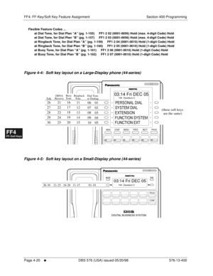 Page 452FF4: FF-Key/Soft Key Feature Assignment Section 400-Programming
Page 4-20
     l     DBS 576 (USA) issued 05/20/98 576-13-400
FF1System
FF2Tr u n k s
FF3Extensions
FF4FF-/Soft Keys
FF5Groups
FF6TRS/ARS
0   System
Configuration
FF7Appl ications
FF8Maintenance Introduction
Appe ndix  A
Appe ndix  B
FF1System
FF2Tr u n k s
FF3Extensions
FF4FF-/Soft Keys
FF5Groups
FF6TRS/ARS
0   System
Configuration
FF7Appli cations
FF8Maintenance Introduction
Appe ndix A
Appe ndix B
Flexible Feature Codes ...
       at Dial...