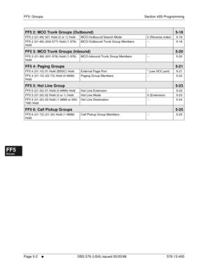 Page 454FF5: Groups Section 400-Programming
Page 5-2
     l     DBS 576 (USA) issued 05/20/98 576-13-400
FF1System
FF2Tr u n k s
FF3Extensions
FF4FF-/Soft Keys
FF5Groups
FF6TRS/ARS
0   System
Configuration
FF7Appl ications
FF8Maintenance Introduction
Appe ndix  A
Appe ndix  B
FF1System
FF2Tr u n k s
FF3Extensions
FF4FF-/Soft Keys
FF5Groups
FF6TRS/ARS
0   System
Configuration
FF7Appli cations
FF8Maintenance Introduction
Appe ndix A
Appe ndix B
FF5 2: MCO Trunk Groups (Outbound)5-18
FF5 2 (01-99) 001 Hold (0 or 1)...